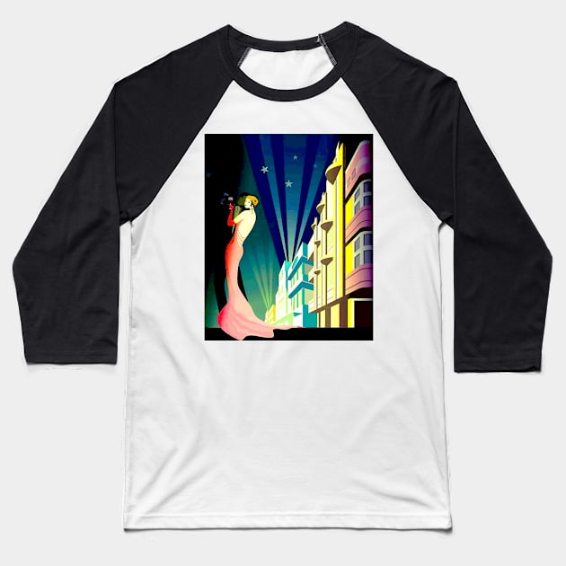 South Beach Miami Florida Art Deco Travel Advertising Print Baseball T-Shirt by posterbobs